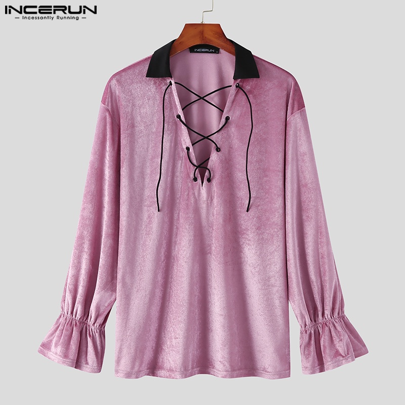 Áo thun INCERUN dài tay cổ chữ V thắt dây cho nam