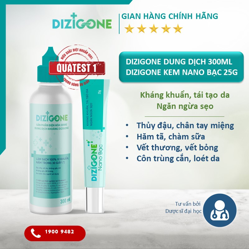 [BỘ ĐÔI] Dung dịch DIZIGONE 300ml và Kem DIZIGONE NANO BẠC: kháng khuẩn, tái tạo da, ngăn ngừa sẹo