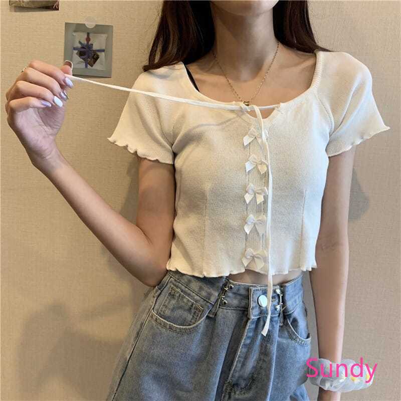 Áo Hai Dây Dệt Kim Màu Sắc Đơn Giản Phối Nơ Thời Trang Mùa Hè Cho Nữ