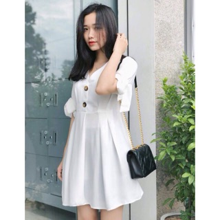 Đầm xòe tay nơ nút ngực dễ thương ulzzang