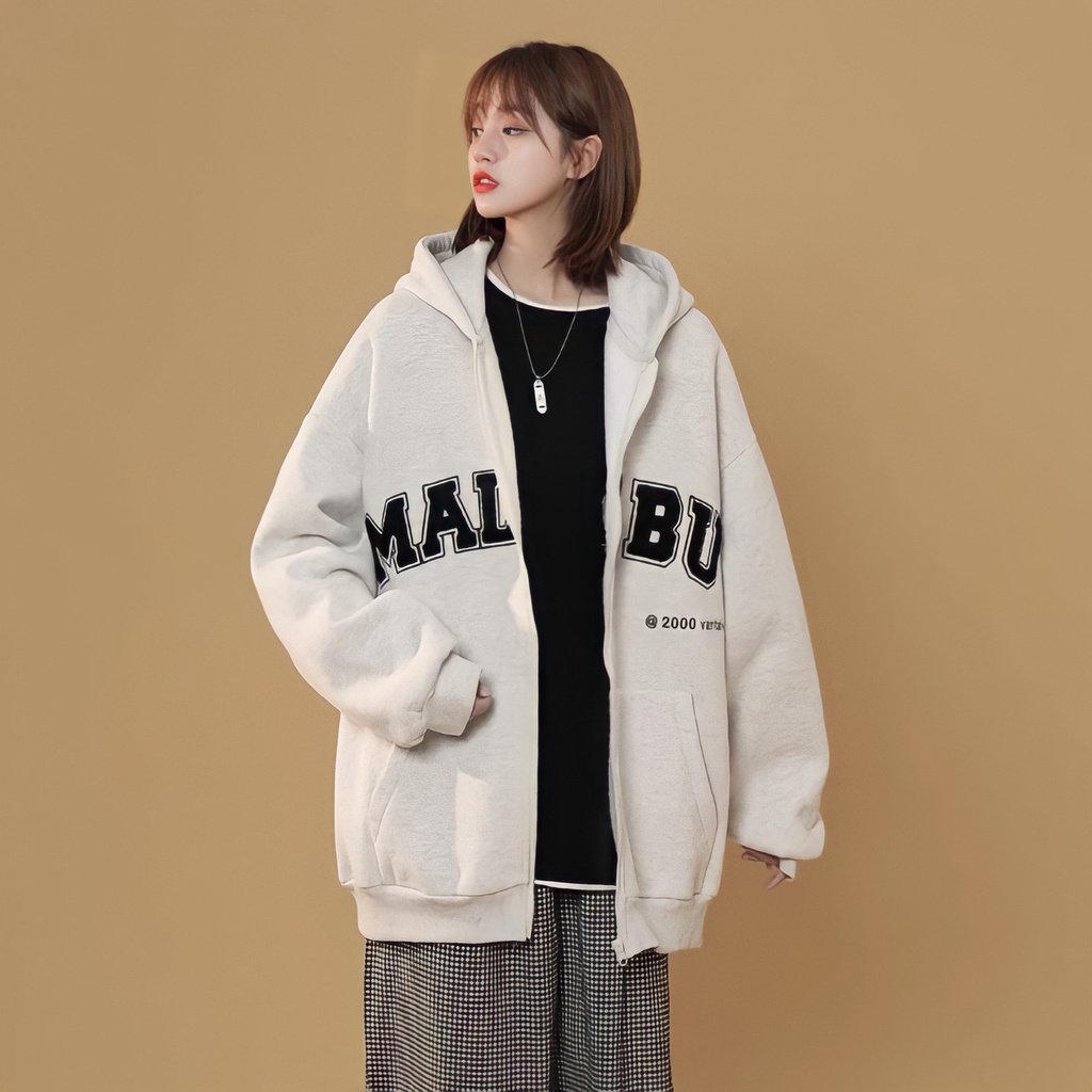 Áo Hoodie Zip Nỉ Ngoại Unisex MALIBU Nam Nữ Dáng Thụng In Chữ 2 Màu