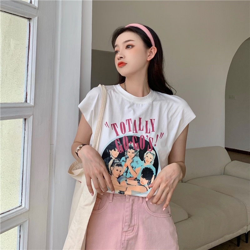 Áo phông không tay phiên bản hàn in retro