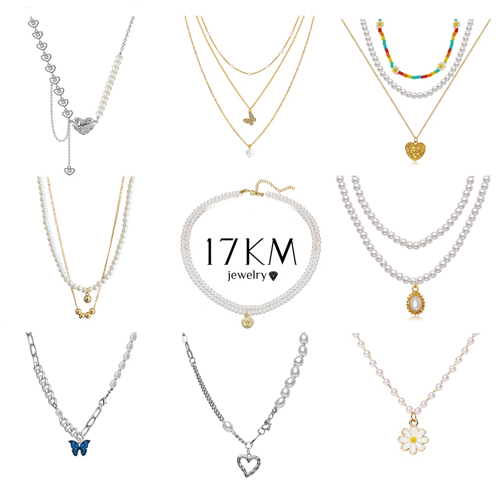Vòng cổ choker 17KM nhiều lớp bằng kim loại phối ngọc trai giả mặt bướm/ trái tim thanh lịch thời trang dành cho nữ