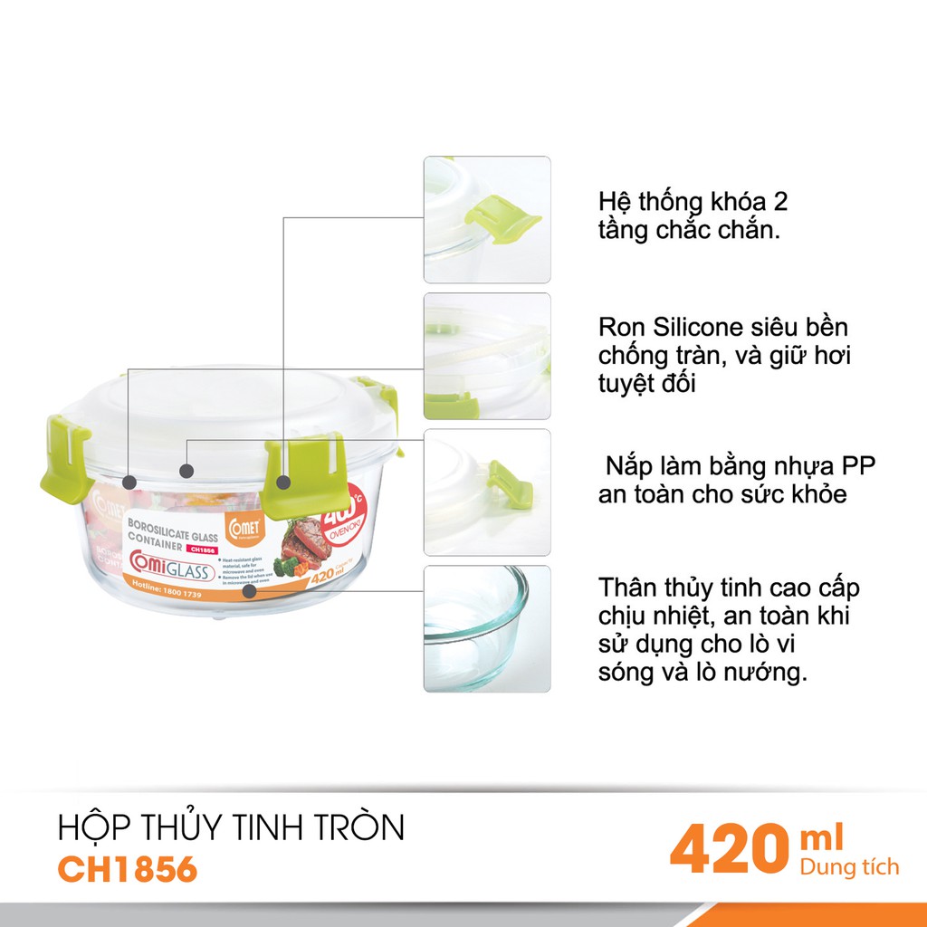 Hộp đựng thực phẩm thuỷ tinh 420ml Comet CH18-56 (hộp tròn) | BigBuy360 - bigbuy360.vn