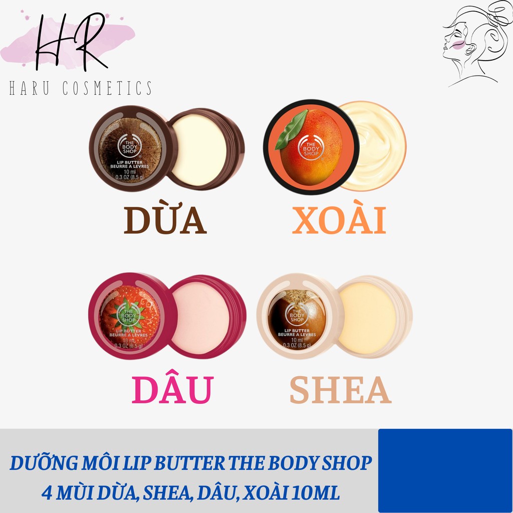 Dưỡng môi Lip butter The Body Shop 4 mùi Dừa, Shea, Dâu, Xoài 10ml