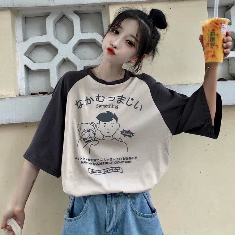 Áo thun nữ tay lỡ freesize phông form rộng dáng Unisex, mặc lớp, nhóm, cặp in hình NGƯỜI VÀ CHÓ CHỮ NHẬT màu nude sữa | BigBuy360 - bigbuy360.vn