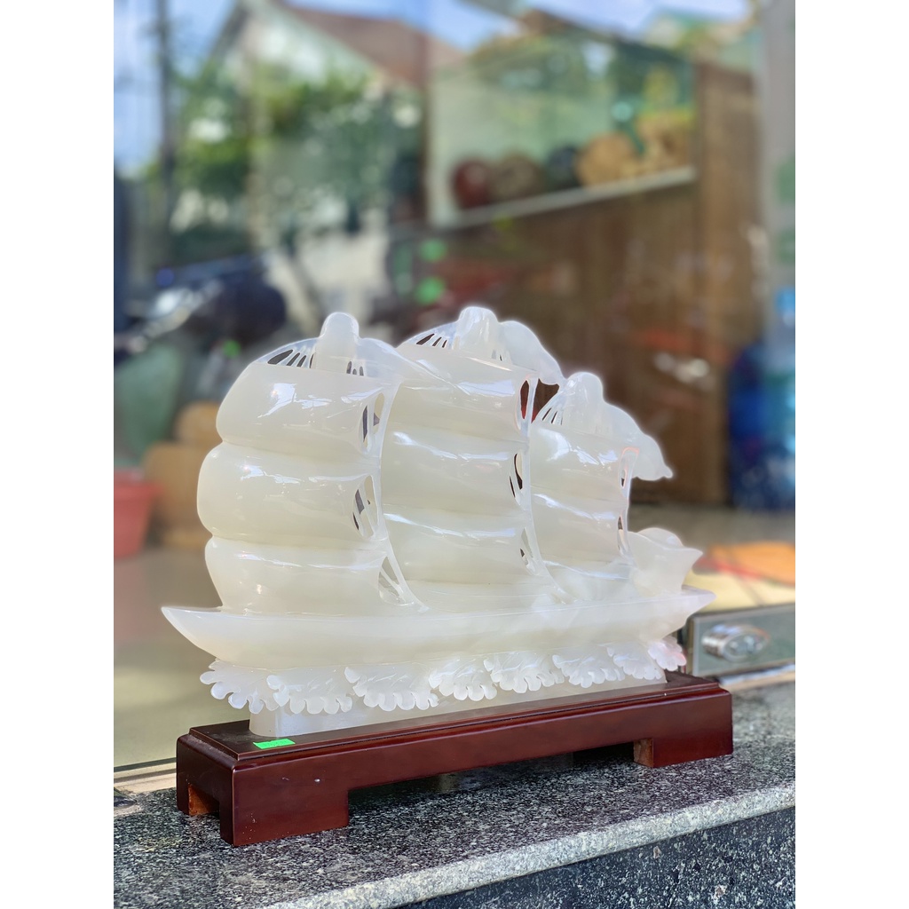 Tượng Thuyền Buồm Ngọc Onix Trắng 40*30cm Nặng 5,5kg Tặng kèm đế gỗ  ⚡FREESHIP + QUÀ 35K⚡ Giá Gốc, Đá Nguyên Khối,.