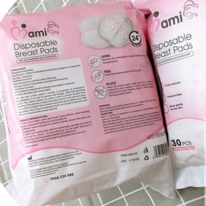 Bịch 30-100 miếng lót thấm sữa Mami dùng 1 lần sạch sẽ thông thoáng, mềm mại, thấm hút tốt