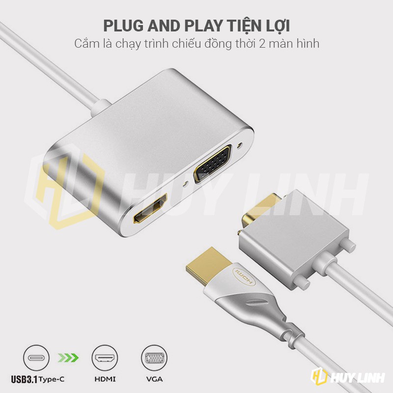 [Mã ELHACE giảm 4% đơn 300K] Cáp chuyển đổi USB Type C ra HDMI và VGA hỗ trợ 4K HL247 có hỗ trợ Dex