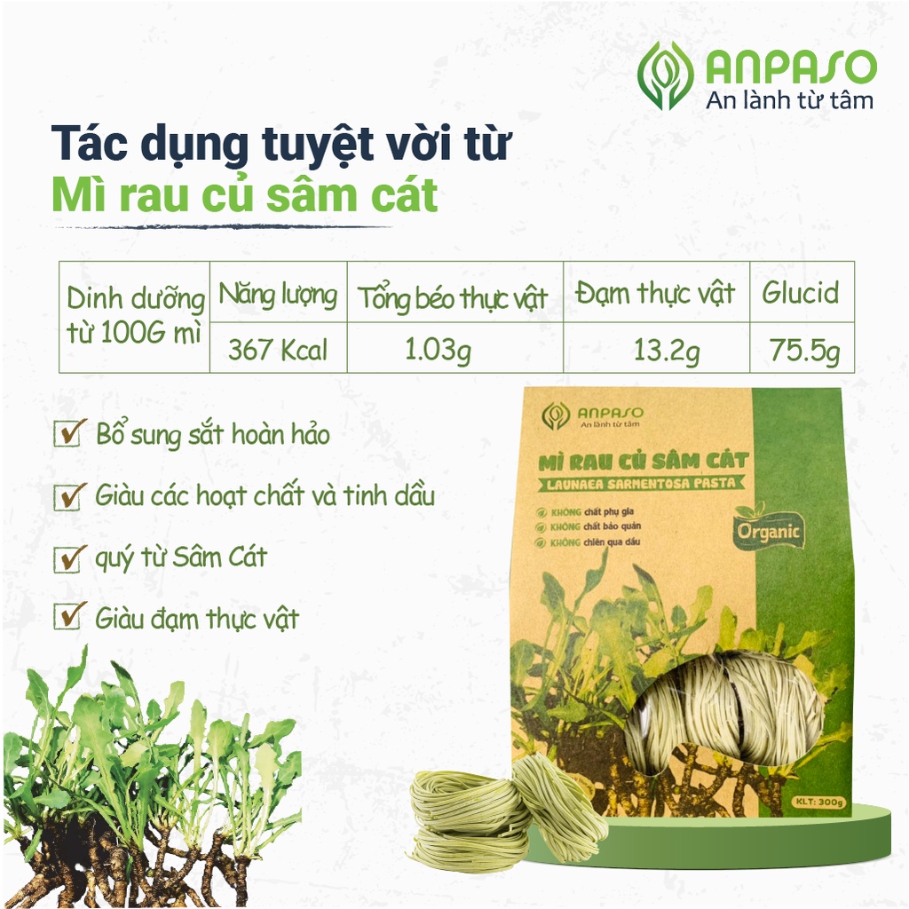 Mì Hữu Cơ Giảm Cân Organic Rau Củ Sâm Cát Anpaso, Eat clean, ăn chay, không chiên nóng, tốt cho tiêu hóa 300g