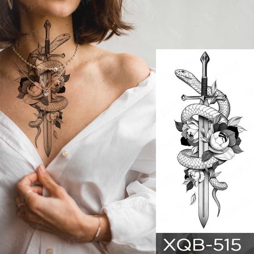 Hình Xăm Dán Tạm Thời Họa Tiết Con Rắn/Rồng/Hoa Hồng/Rồng Màu Đen Chống Nước Chất Lượng Cao