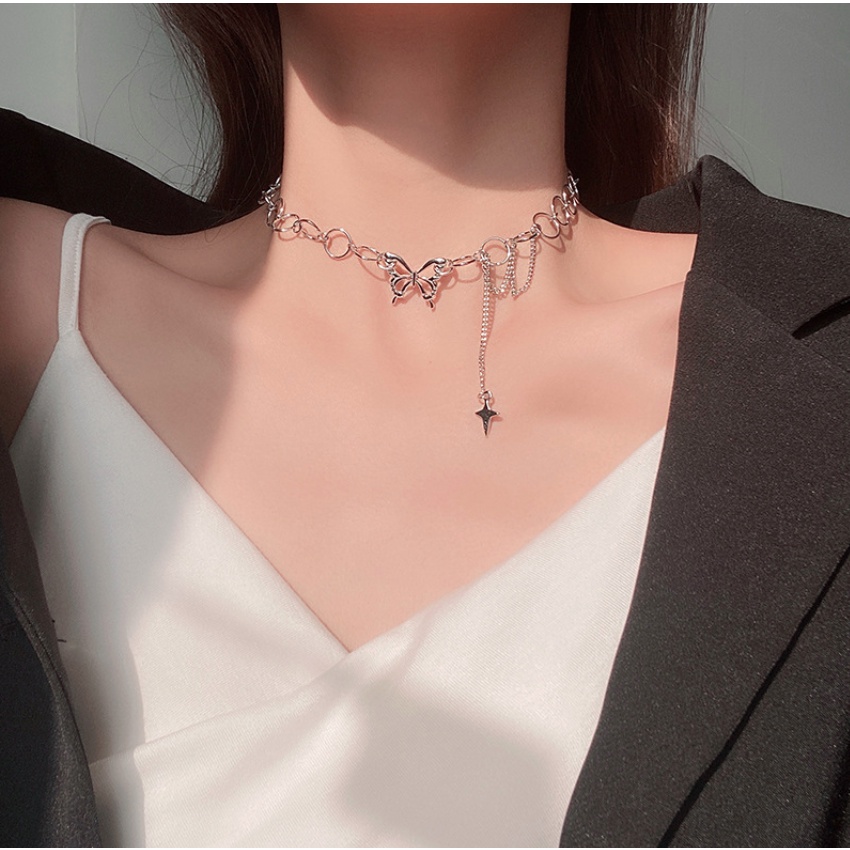 Vòng cổ dây chuyền nữ choker thép titan không gỉ cánh bướm ngôi sao hàn quốc cool ngầu cá tính