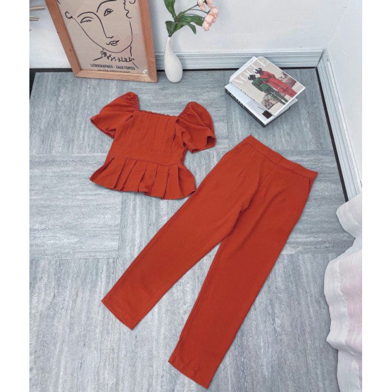Set bộ trơn xếp li áo cổ vuông tay phồng quần ống suông bigsize 40-72kg | BigBuy360 - bigbuy360.vn