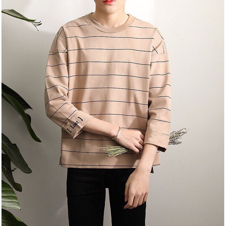 [ Có ảnh thật ] Áo thun tay dài form rộng unisex - áo sweater sọc lost xẻ tà