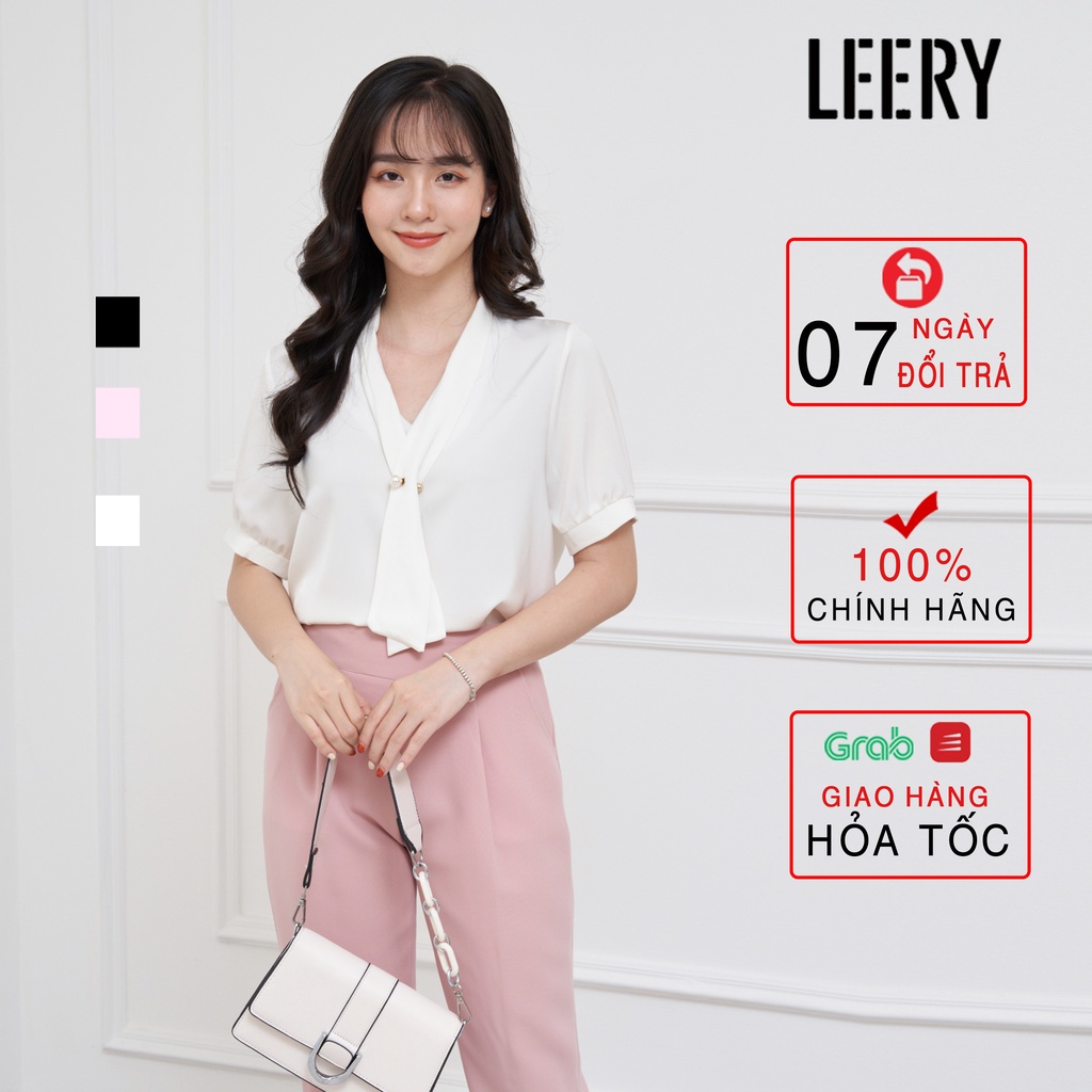 Áo sơ mi ngắn tay nữ LEERY cổ nơ kiểu Hàn Quốc vải lụa Ý cao cấp phù hợp đi làm công sở màu Trắng Đen Hồng SM-07 - Hàng