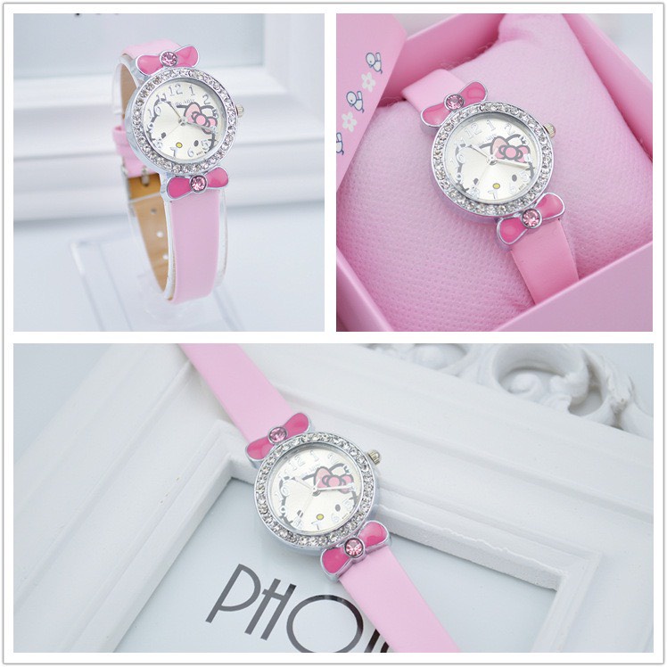 Dh6001 Đồng hồ hello kitty bé gái 6-12Y dây da đính đá cao cấp hàng nhập - giá 120k