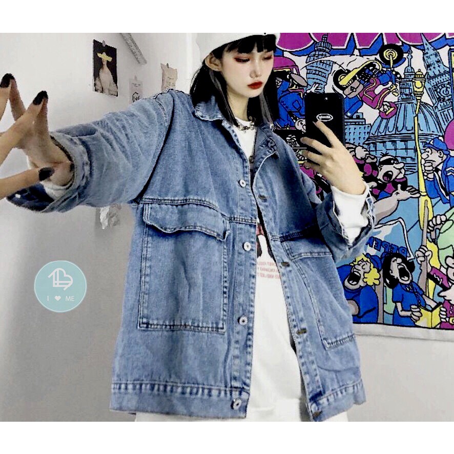 Áo khoác jean unisex big size, áo bò denim thời trang form rộng túi trước, phong cách Unisex