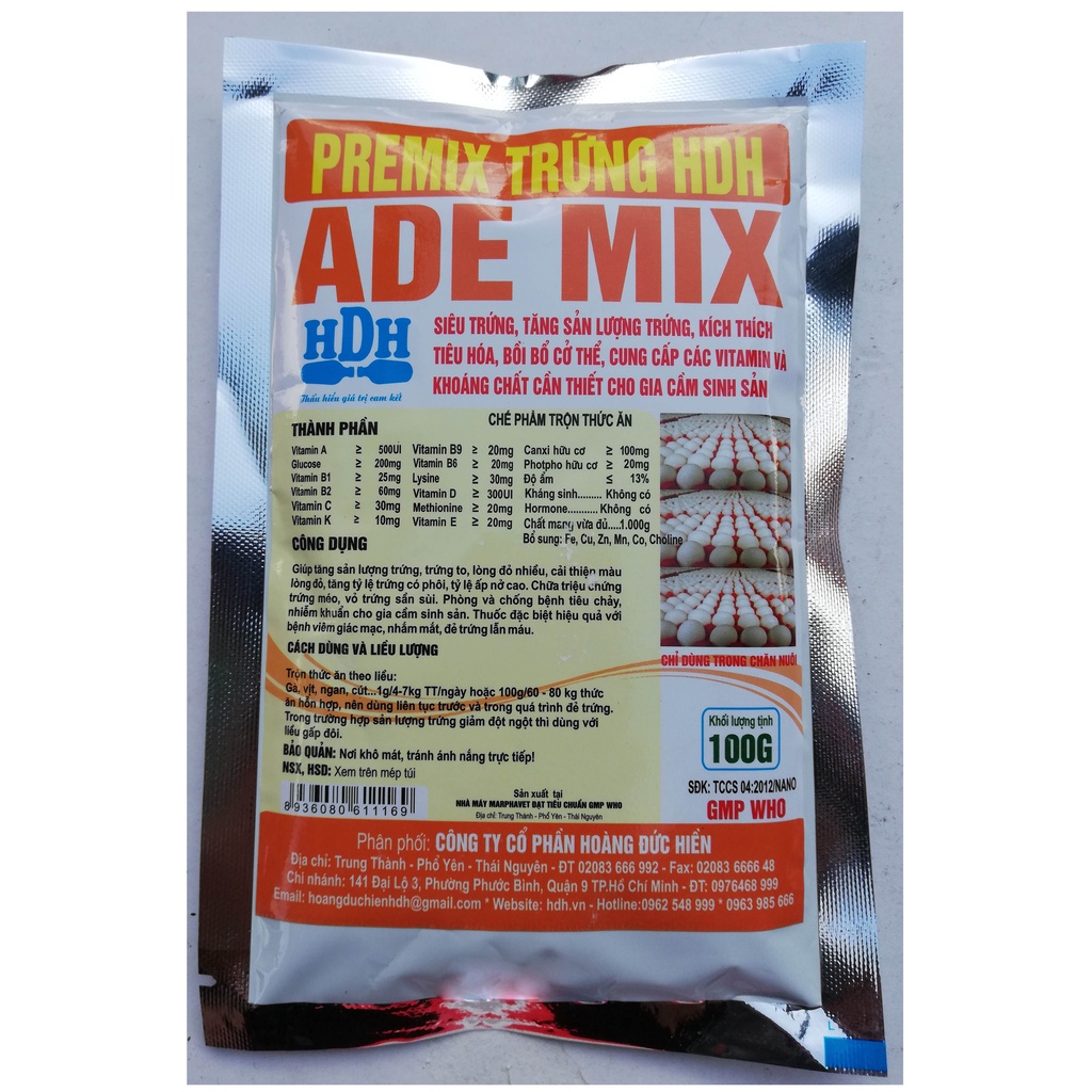 1 gói ADE PREMIX 100gSiêu trứng, tăng sản lượng trứng cung cấp các vitamin và khoáng chất cần thiết cho gia cầm sinh sản