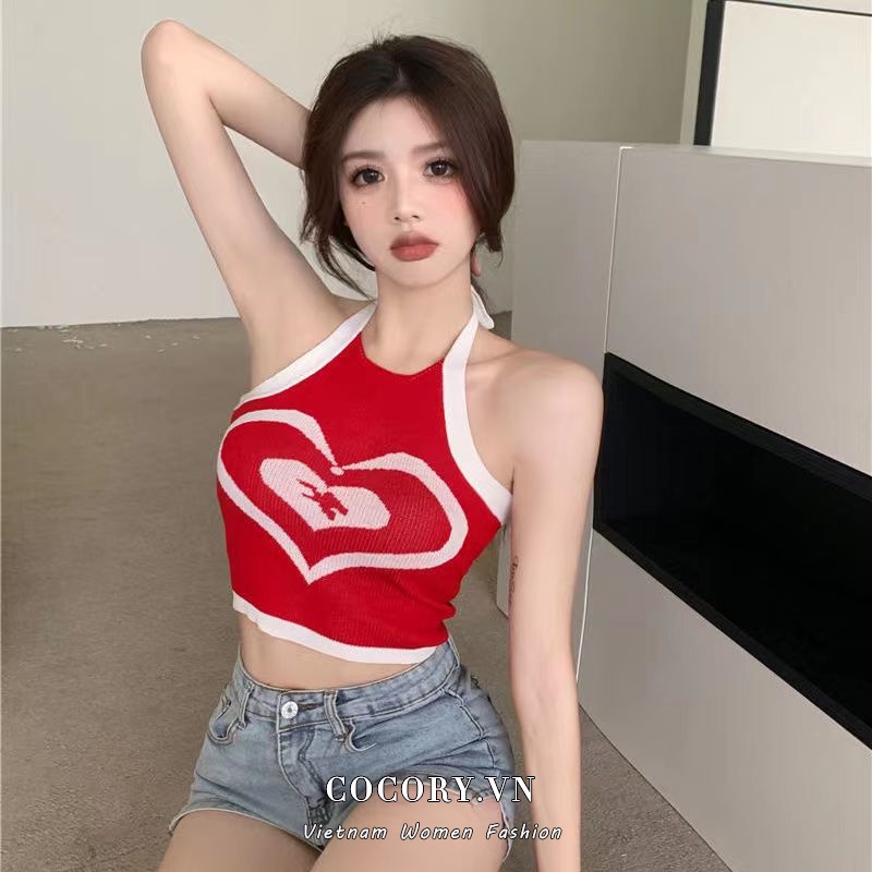 Cocory vn Áo Hai Dây Dệt Kim Dáng Ôm Họa Tiết Trái Tim Thời Trang Quyến Rũ Cho Nữ