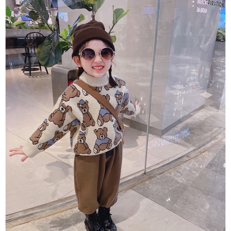 Áo len cổ tròn họa tiết hoạt hình phong cách cổ điển thời trang thu đông 2021 dành cho bé gái