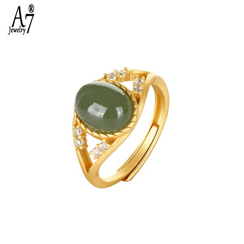 Nhẫn Mạ Bạc 925 Đính Đá Ngọc Bích Xám A7Jade