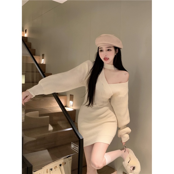 Đầm len lệch vai nữ gợi cảm dài tay