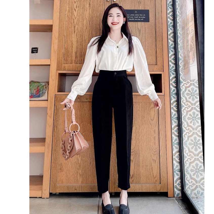 Quần tây nữ lưng cao đi học cạp có đai dáng baggy dài vải mềm co giãn nhẹ Quần tây đen nữ đi học ống đứng mặc đi công sở