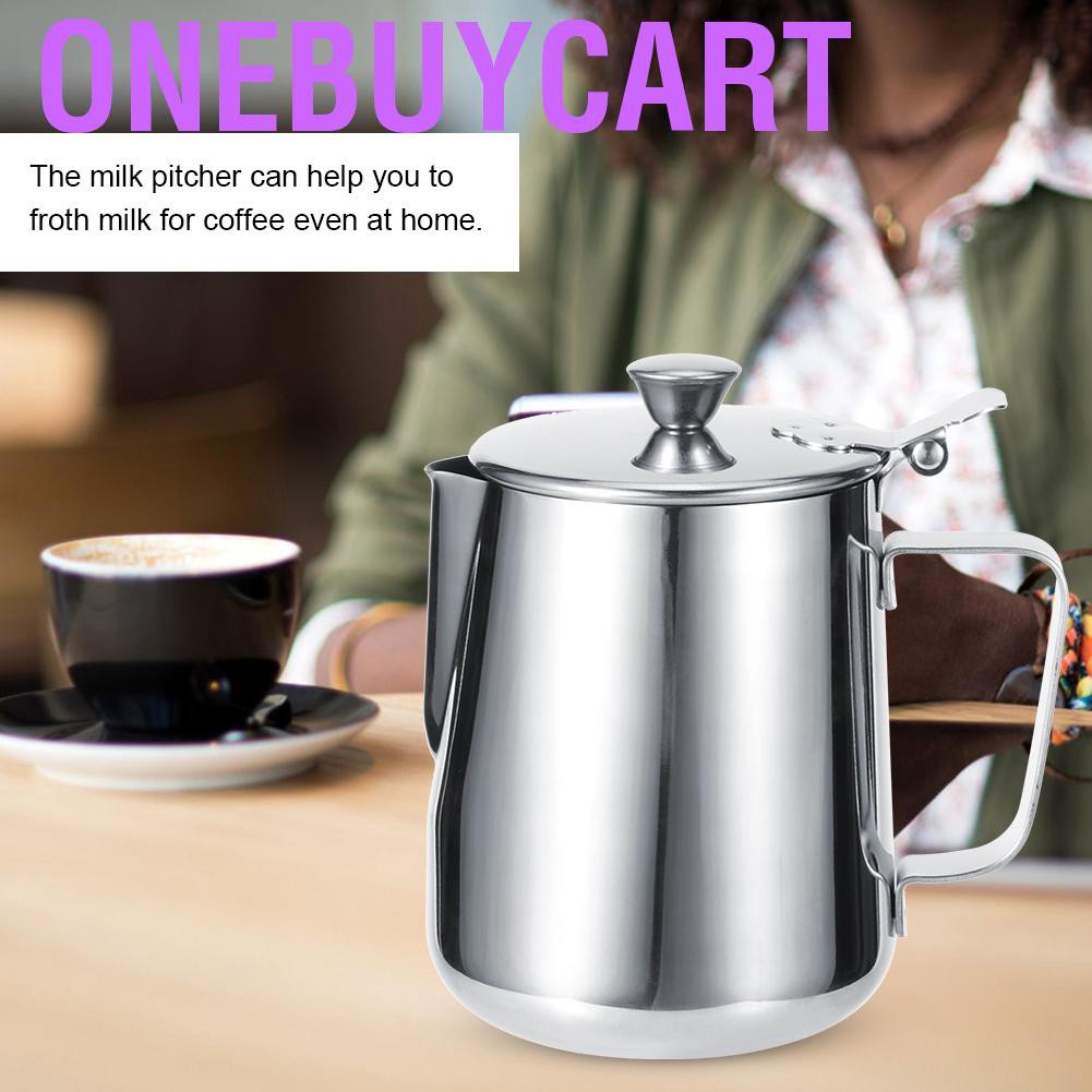 Onebuycart Stainless Steel Thicken Milk Frothing Cup Jug Coffee Pitcher Latte Art with Lid for Home