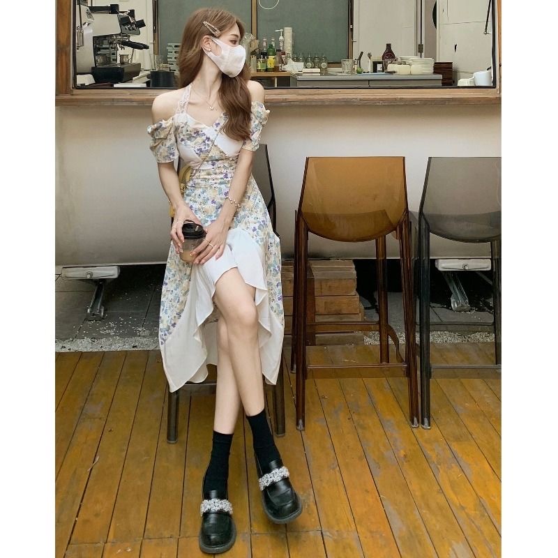 Đầm hoa ngắn tay dáng ôm thời trang phong cách Hàn Quốc cho nữ