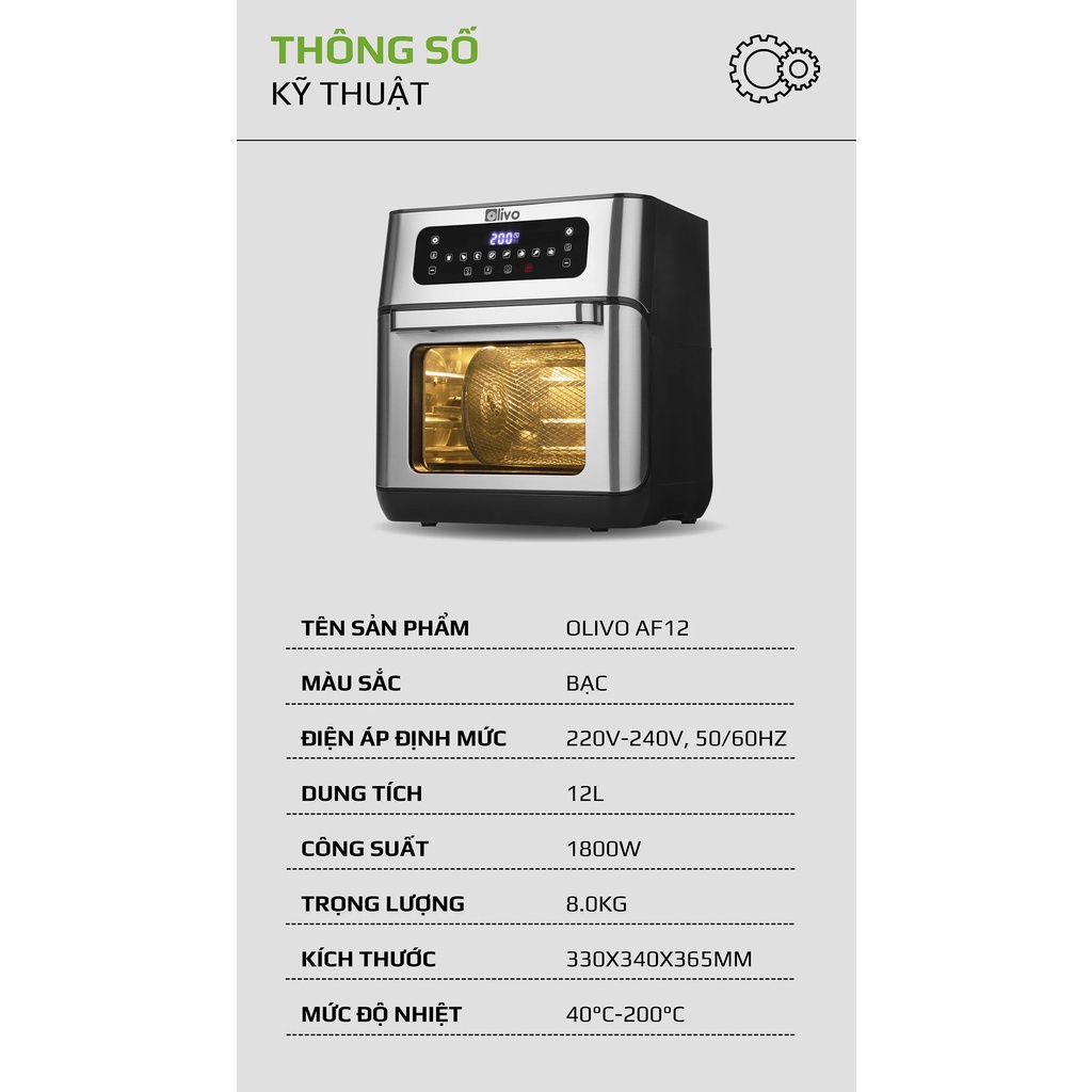 Nồi chiên không dầu OLIVO AF12 dung tích 12L công suất 1800W thương hiệu Mỹ
