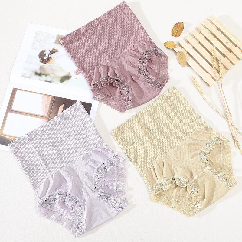 【Timi】Màu trơn Cạp cao, phối ren, thoáng khí, định hình, thể thao Quần lót phụ nữ.