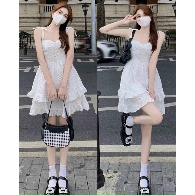 ĐẦM TRẮNG XỐP HOA 2S CỘT VAI LAI TẦNG