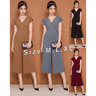 Jumpsuit nữ cổ tim thắt nơ eo quần lửng ống rộng J907