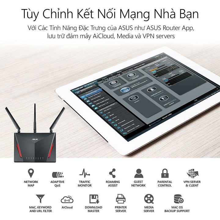 Bộ phát wifi ASUS RT-AC86U, băng tần kép, chuẩn AC2900. Hệ thống mạng AiMesh cho gaming.