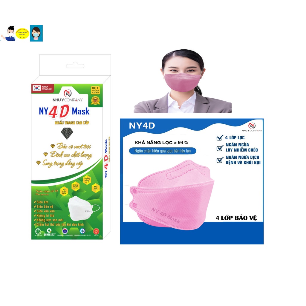 HỘP 10 CÁI KHẨU TRANG NY 4D Mask KF94 Ngăn Bụi Kháng khuẩn Chống nắng Bảo vệ sức khỏe Sản xuất từ Cty Như Ý