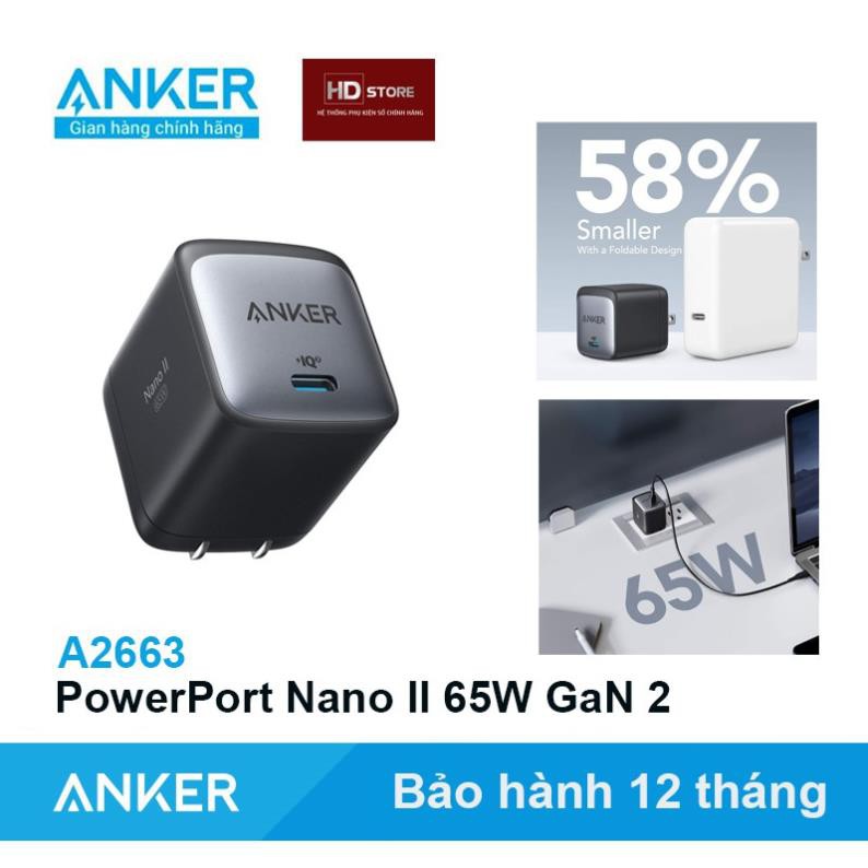 Sạc Anker PowerPort Nano II 65W GaN Thế hệ 2  - Mã A2663 sạc nhanh PD Macbook Laptop