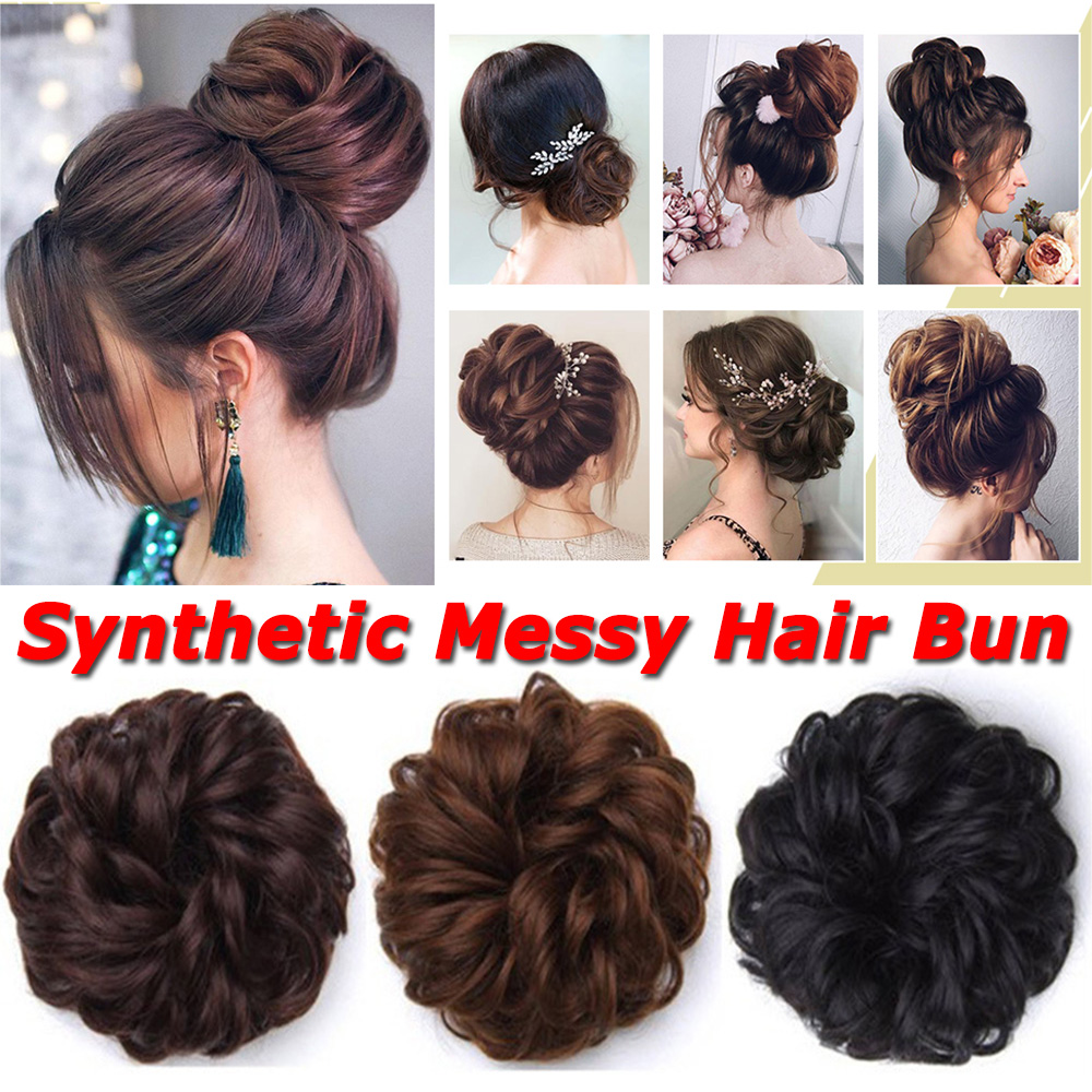 [COD] Women Messy Hair Donut Bun Brown Elastic Band Synthetic hair Rubber Band Hairpieces Black Natural Fake Hair Drawstring Curly Chignon/Multicolor