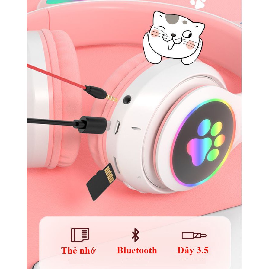 Tai nghe bluetooth chụp tai cute dễ thương, Headphone có đèn led 7 màu nhấp nháy, Tai mèo có thể tắt đèn