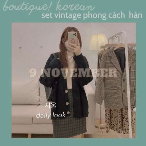 SET ĐỒ HÀN QUỐC CHÂN VÁY SỌC CARO/ ÁO LEN CỔ LỌ SỢI DỆT KEM /ÁO KHOÁC LEN 3 NÚT