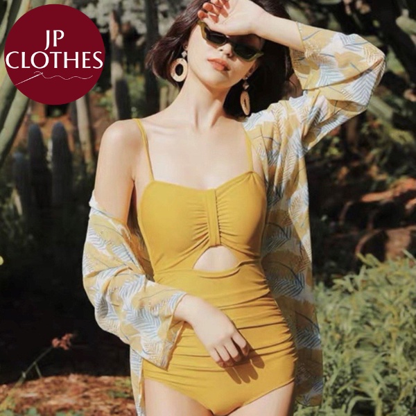 Đồ bơi Jolipi - Set áo tắm liền thân - Bikini một mảnh THƯƠNG NHỚ vàng gân cùng áo choàng họa tiết "HOT"