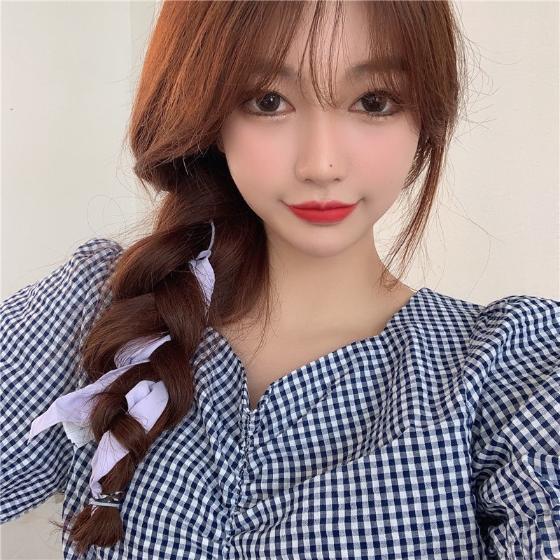 Áo Kiểu Cổ Chữ V Tay Ngắn Họa Tiết Sọc Caro Phong Cách Hàn Quốc Cho Nữ