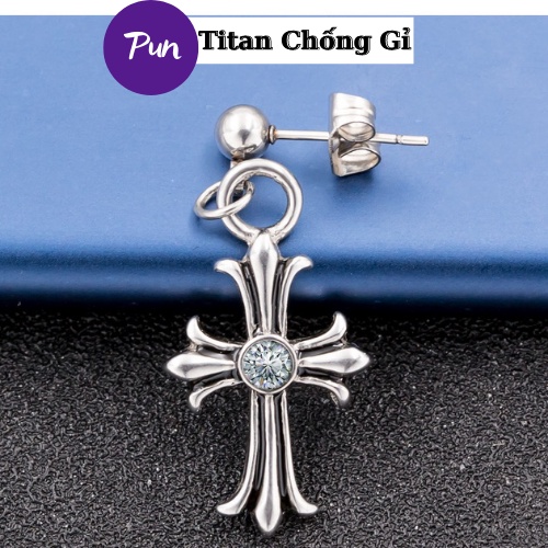 Khuyên tai nam nữ phong cách hàn quốc hình chữ thập Punstore màu bạc Titan chống rỉ - HT Chrome Heart