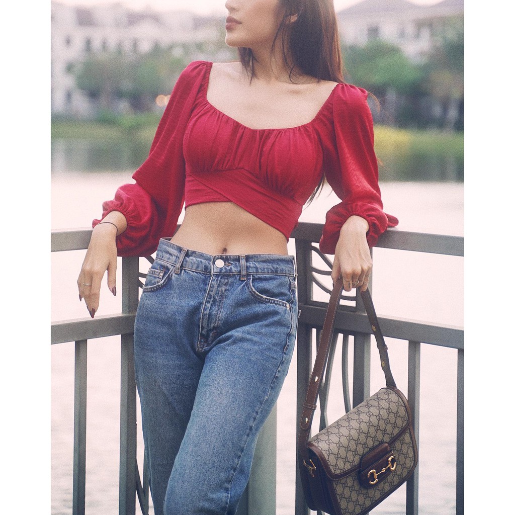 Áo croptop tay dài thắt nơ sau lưng - Chất liệu vải đũi thoáng mát