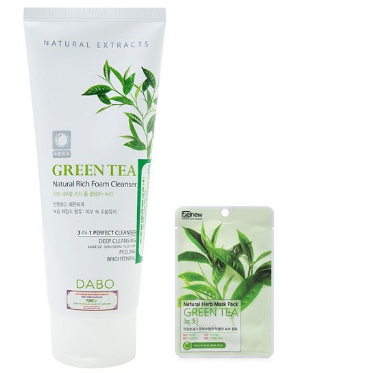 [ HÀNG CHÍNH HÃNG] Combo 2 Món- Sữa Rửa Mặt Trà Xanh Green Tea Dabo Hàn Quốc MỚI(180ml/ Tuýp) Và Mặt Nạ Benew 22g /Gói)