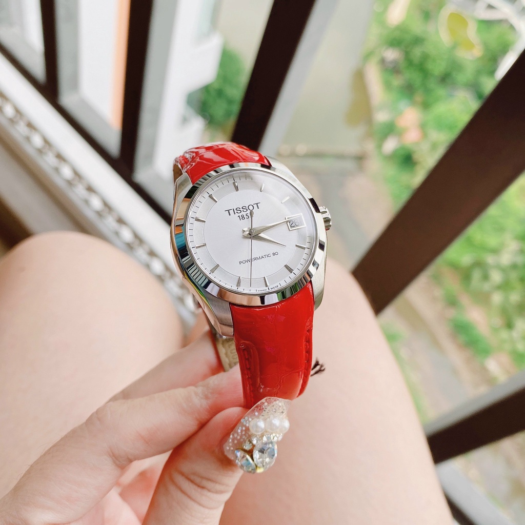 Đồng hồ Nữ chính hãng Tissot 1853 Couturier Powermatic T035.207.16.031.01 Size 32,Mặt trắng,Lịch ngày-Máy cơ-Dây da đỏ
