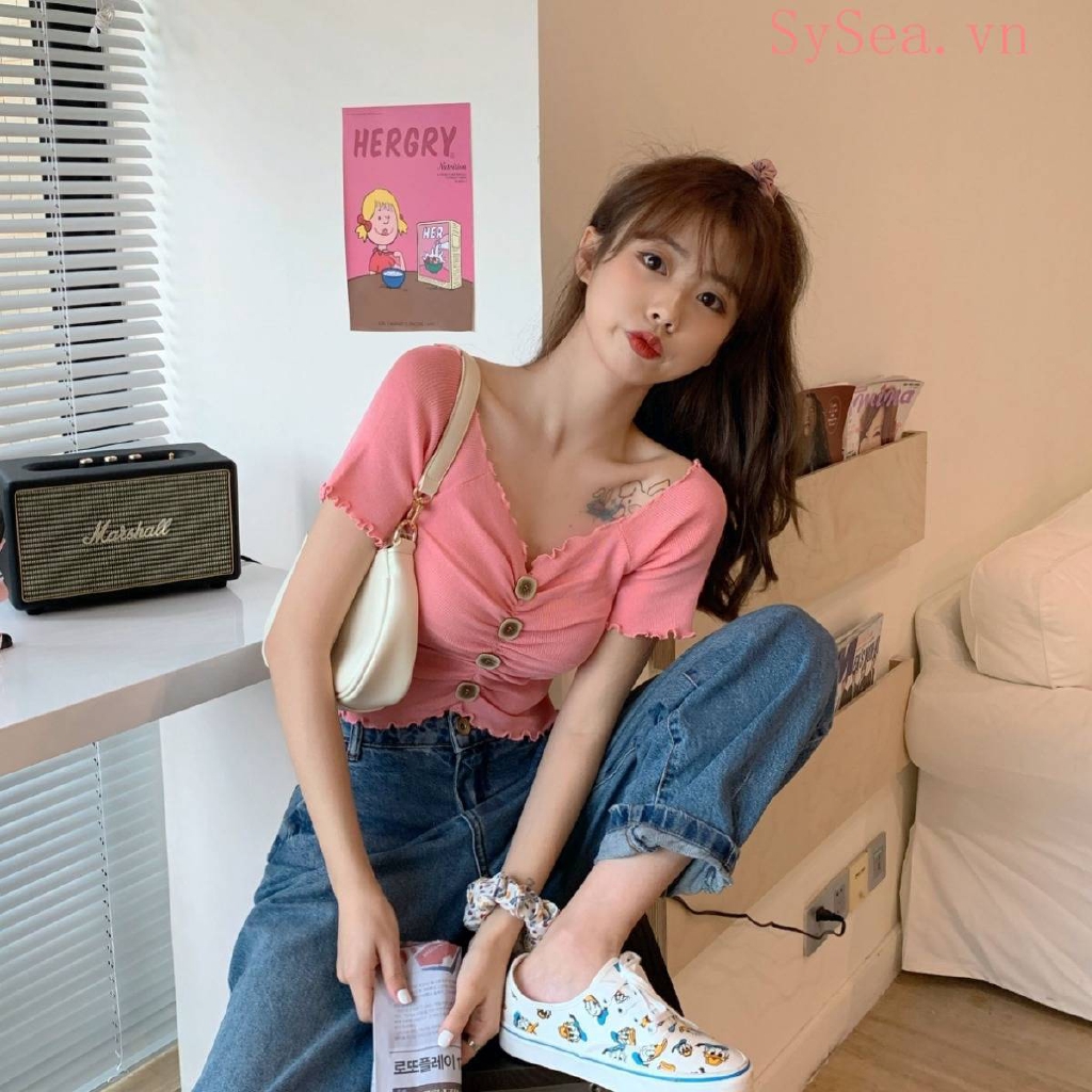 Áo Croptop Dệt Kim Tay Ngắn Cổ Chữ V Thời Trang Mùa Hè Cho Nữ