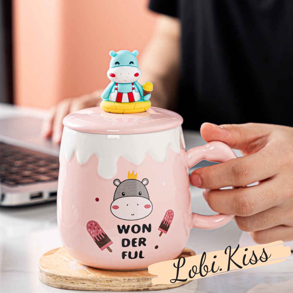 Cốc ly sứ 3D LB-2136 Nội Địa Trung có nắp đậy và thìa đi kèm 400ML có gói quà tặng