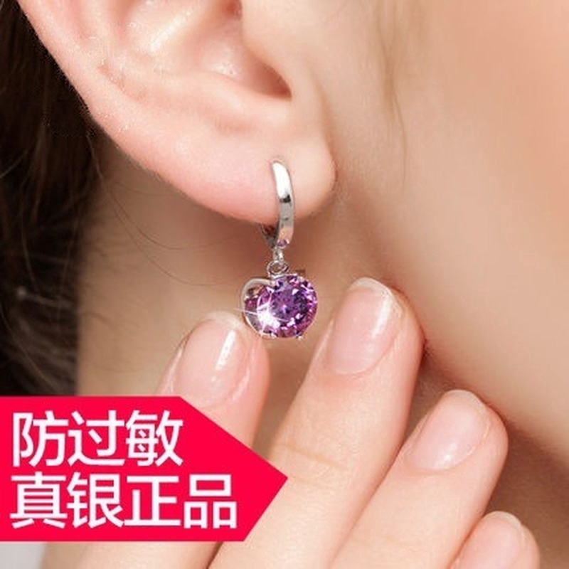 Bông Tai Bạc Trang Sức Nữ Đỏ Thạch Anh Tím Thời Trang Thanh Lịch Bông Tai Dài