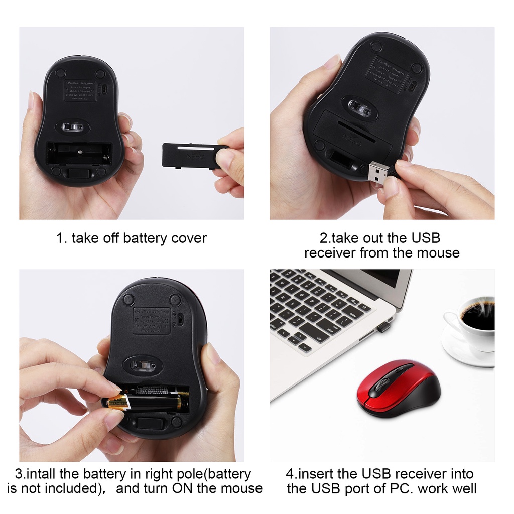 2 4GHz Wireless Mouse 1600DPI Optical Computer Cordless Office Mice with USB Receiver