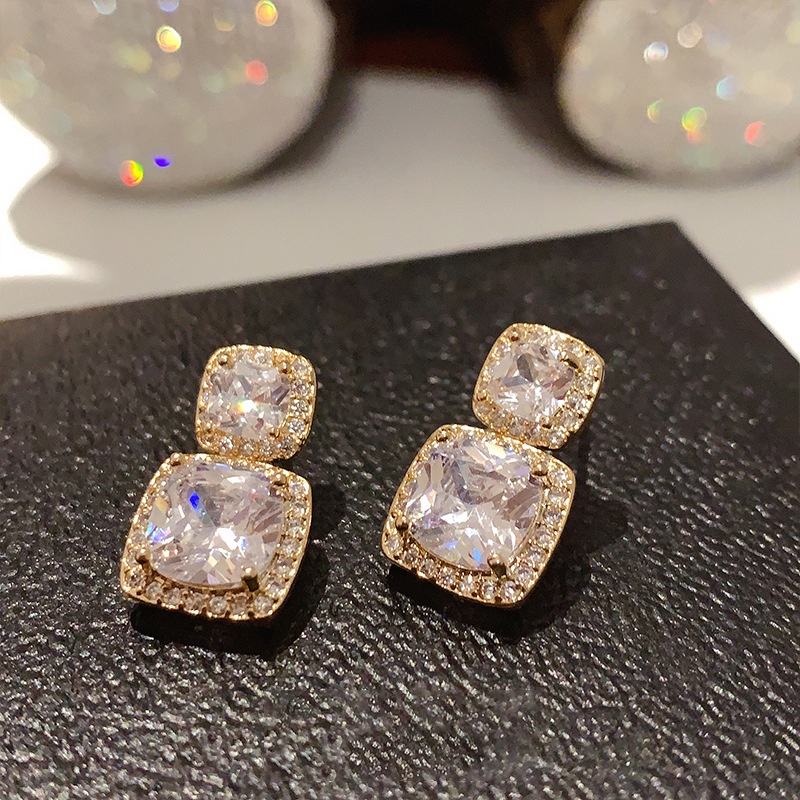 Bông tai bạc 925 hình vuông đính đá đơn giản thời trang cao cấp cho nữ